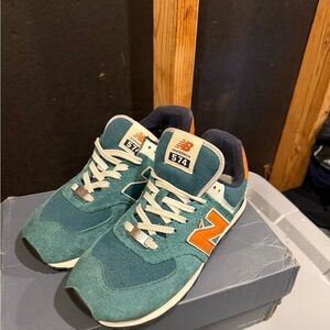 New Balance 574 Teal with Orange Accents